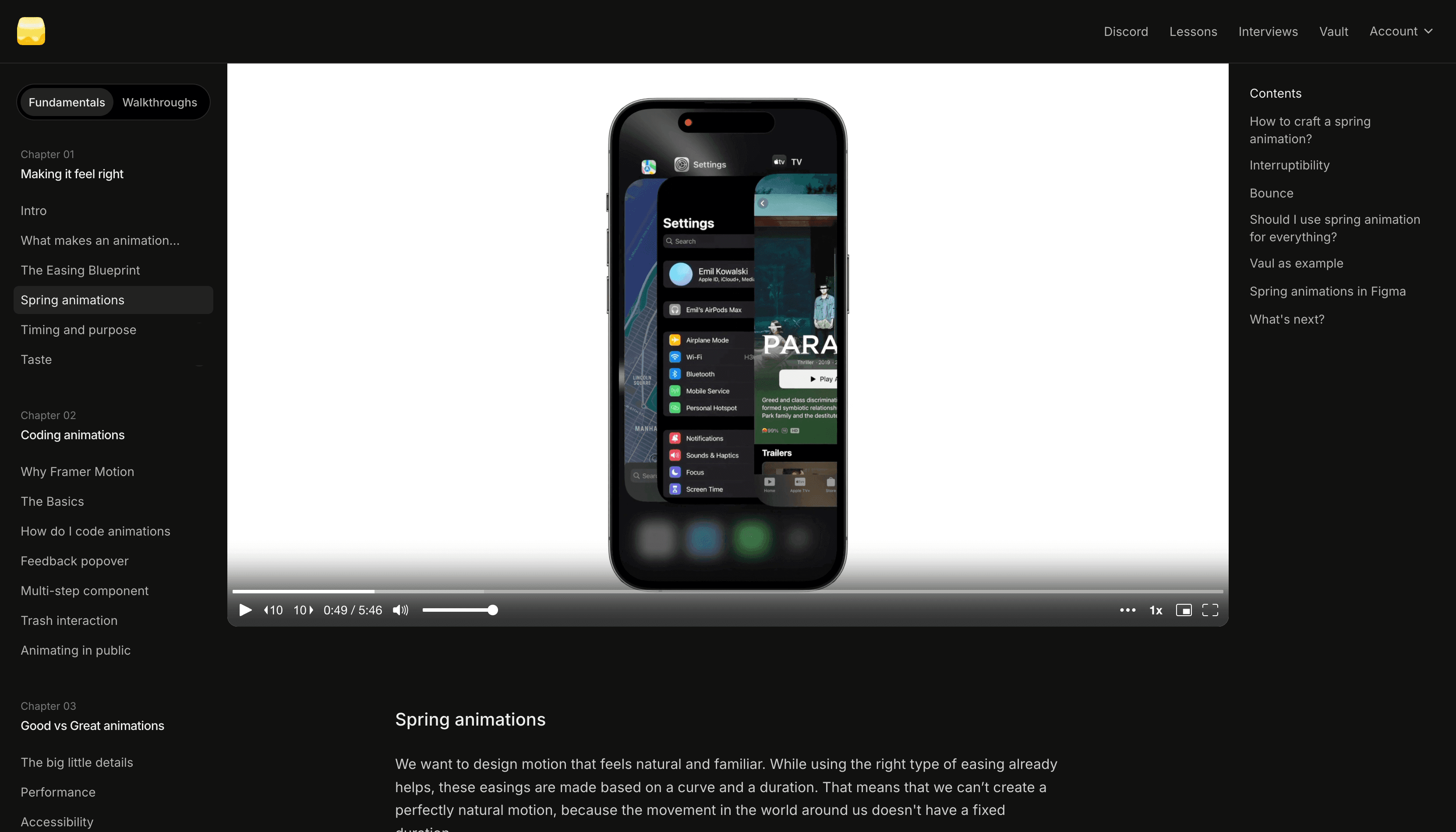 Screenshot of the course platform showing a video player in the center, course chapters listed on the left, and anchors to headings on the right sidebar. The selected chapter is ‘Spring animations’ under ‘Making it feel right,’ with the video at 0:49 of 5:46.