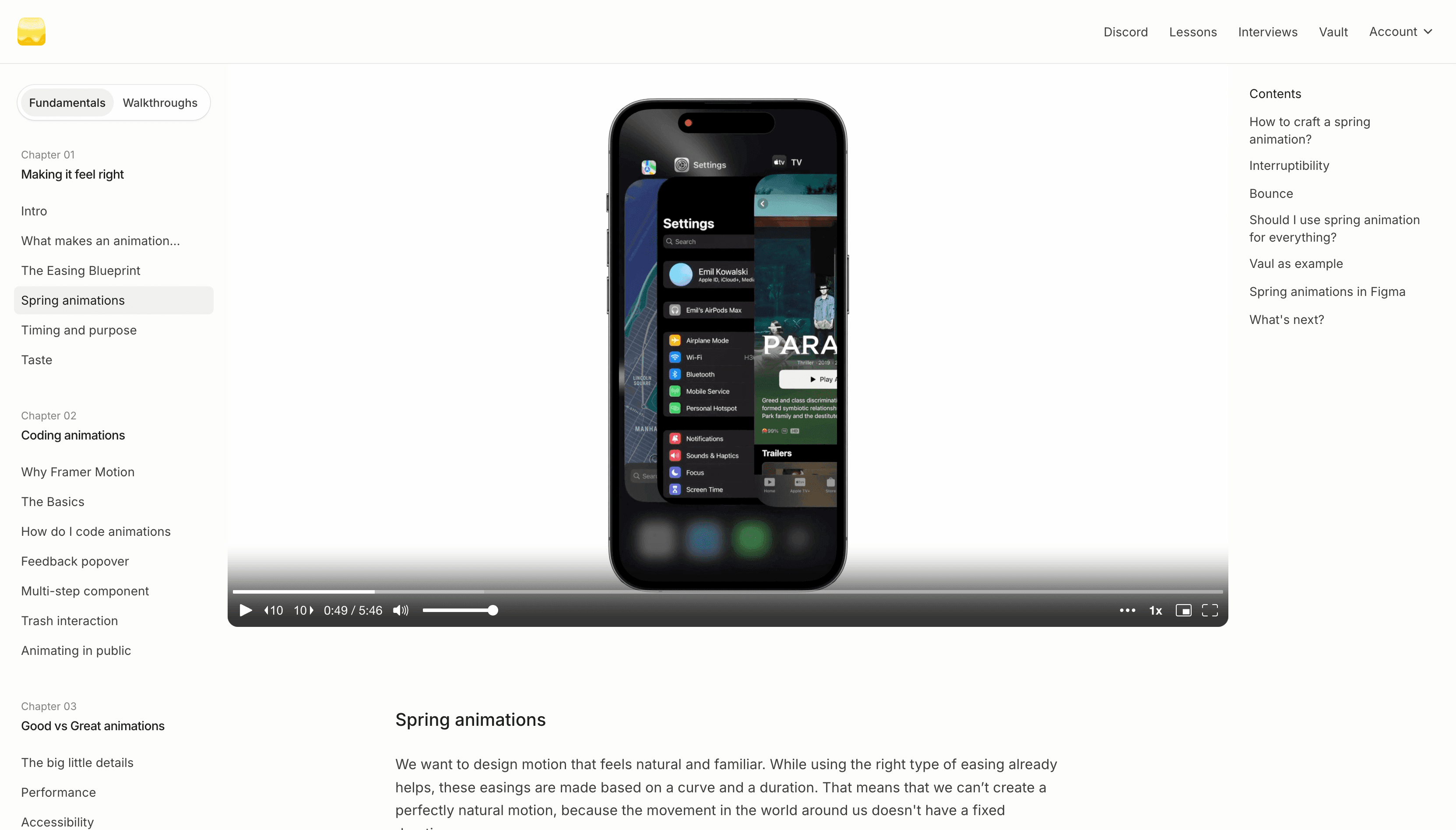 Screenshot of the course platform showing a video player in the center, course chapters listed on the left, and anchors to headings on the right sidebar. The selected chapter is ‘Spring animations’ under ‘Making it feel right,’ with the video at 0:49 of 5:46.