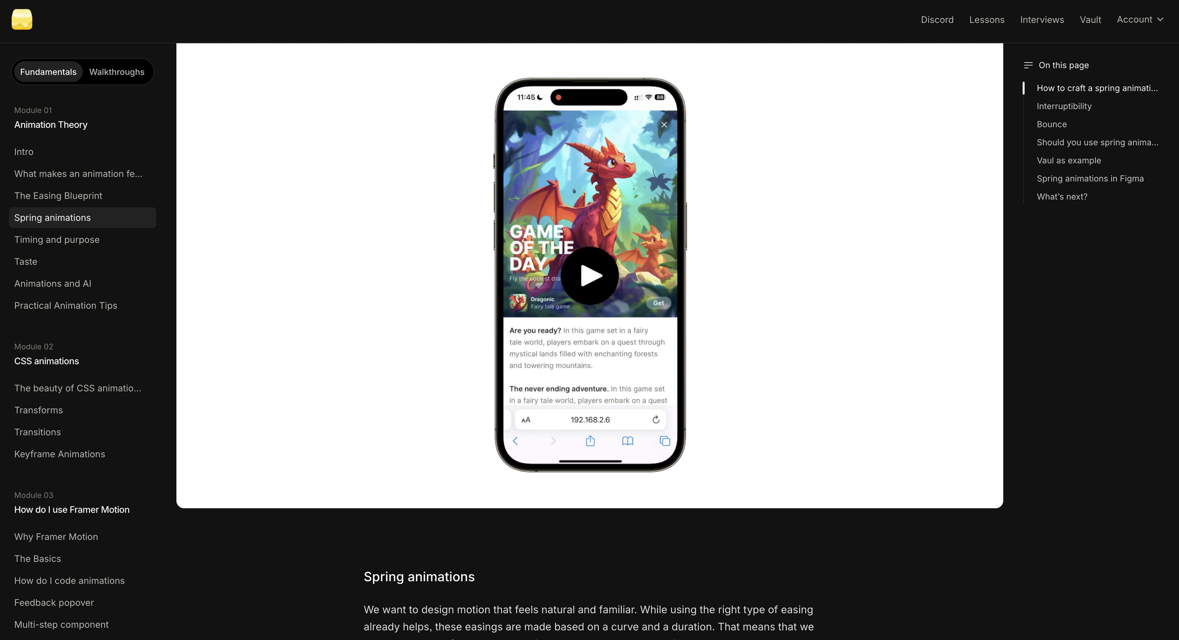 Screenshot of the course platform showing a video player in the center, course chapters listed on the left, and anchors to headings on the right sidebar. The selected chapter is ‘Spring animations’ under ‘Making it feel right,’ with the video at 0:49 of 5:46.