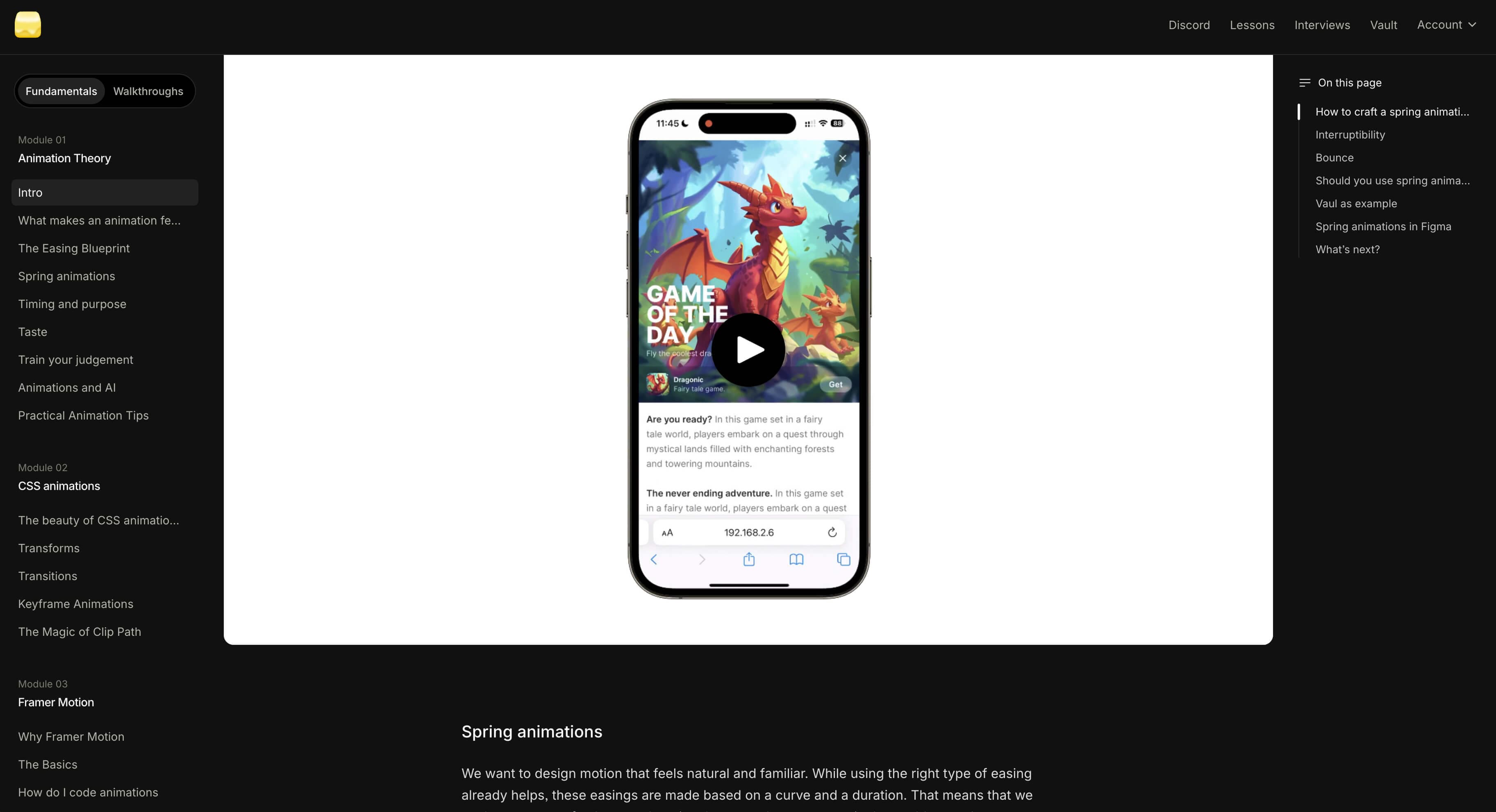 Screenshot of the course platform showing a video player in the center, course chapters listed on the left, and anchors to headings on the right sidebar. The selected chapter is ‘Spring animations’ under ‘Making it feel right,’ with the video at 0:49 of 5:46.